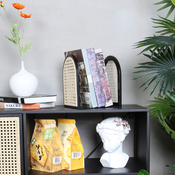 Traditional Vintage Half-Round Iron Bookshelf: Natural Indonesian Rattan &amp; Handwoven - Desk Storage Shelf For Study &amp; Bedroom
