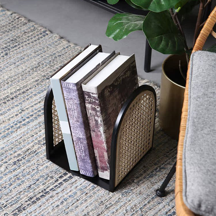 Traditional Vintage Half-Round Iron Bookshelf: Natural Indonesian Rattan &amp; Handwoven - Desk Storage Shelf For Study &amp; Bedroom