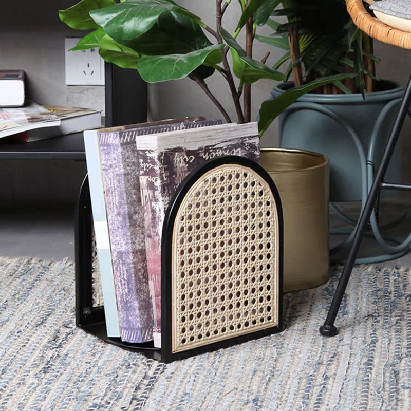 Traditional Vintage Half-Round Iron Bookshelf: Natural Indonesian Rattan &amp; Handwoven - Desk Storage Shelf For Study &amp; Bedroom