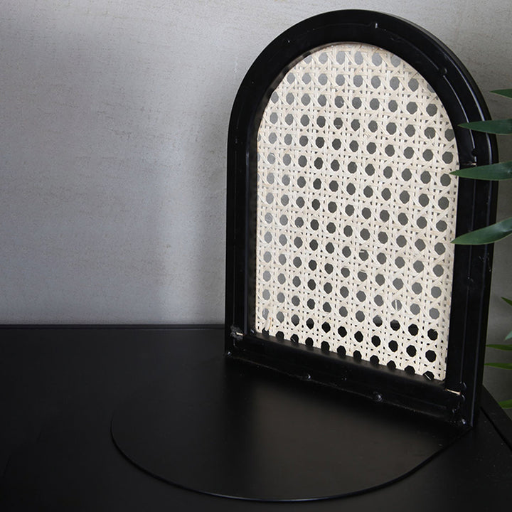 Traditional Vintage Half-Round Iron Bookshelf: Natural Indonesian Rattan &amp; Handwoven - Desk Storage Shelf For Study &amp; Bedroom