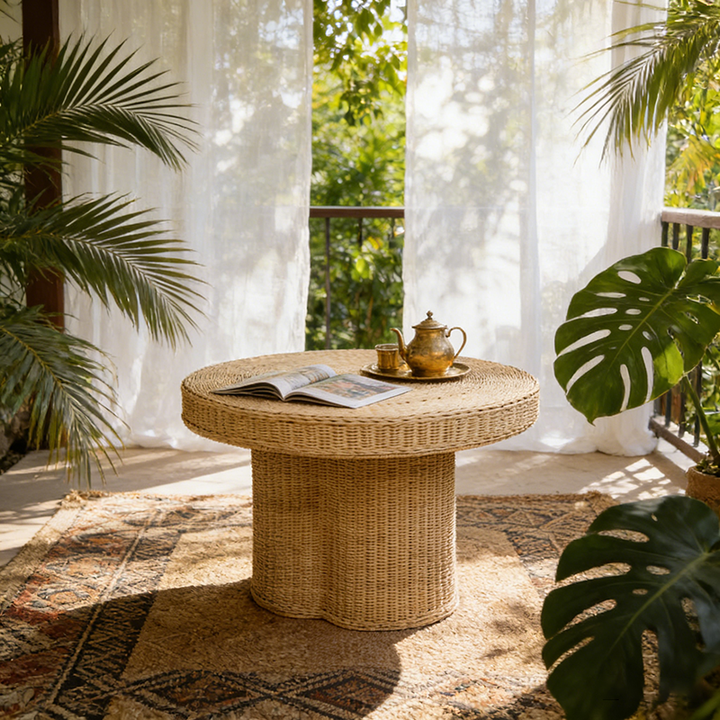 Table basse ronde scandinave contemporaine : rotin indonésien naturel et tressé à la main - table à thé couleur bois pour salon 