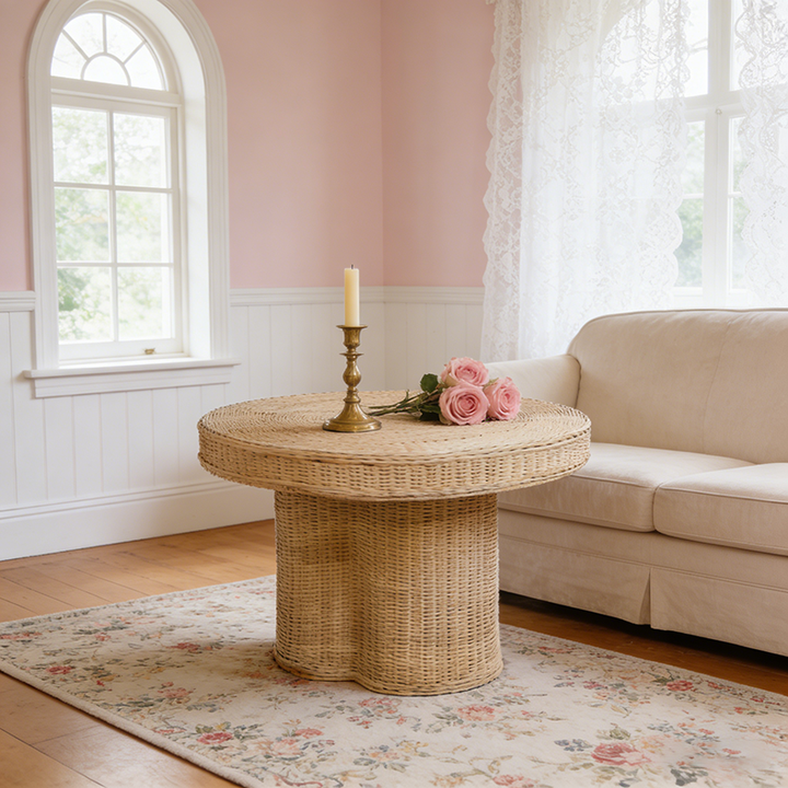 Table basse ronde scandinave contemporaine : rotin indonésien naturel et tressé à la main - table à thé couleur bois pour salon 