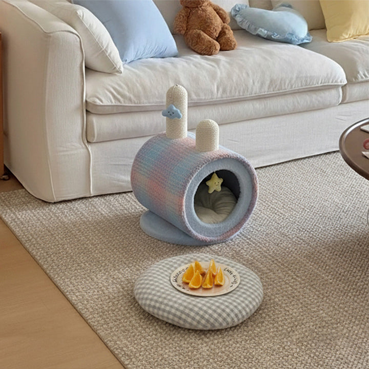 Zeitgenössisches kreatives rundes Spanplatten-Samtstoff-Papierseil-Papierrohr-Katzenbett für Schlafzimmer 