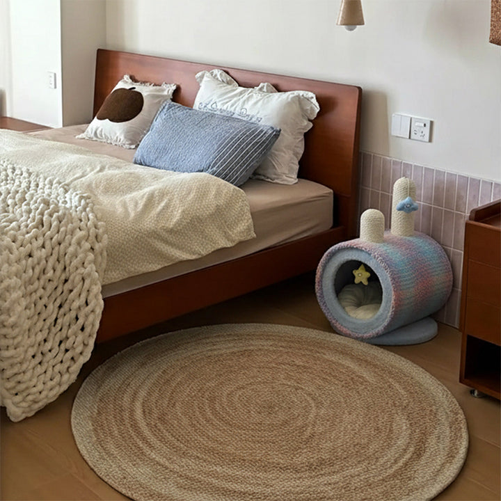 Zeitgenössisches kreatives rundes Spanplatten-Samtstoff-Papierseil-Papierrohr-Katzenbett für Schlafzimmer 