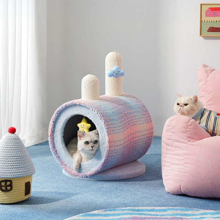 Zeitgenössisches kreatives rundes Spanplatten-Samtstoff-Papierseil-Papierrohr-Katzenbett für Schlafzimmer 