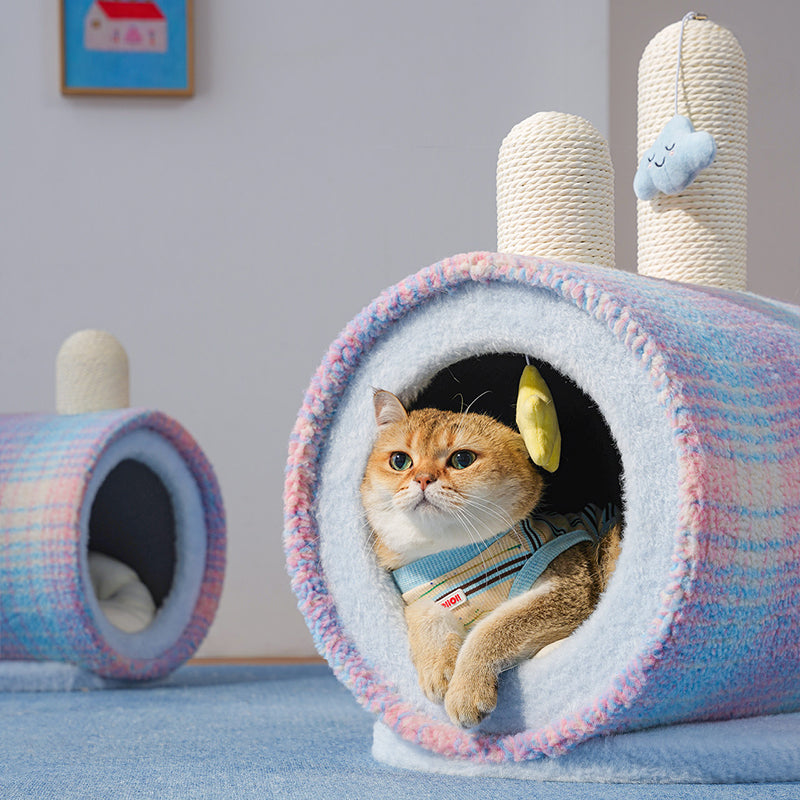 Zeitgenössisches kreatives rundes Spanplatten-Samtstoff-Papierseil-Papierrohr-Katzenbett für Schlafzimmer 