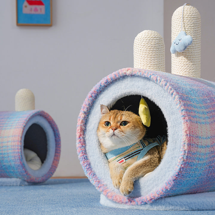 Zeitgenössisches kreatives rundes Spanplatten-Samtstoff-Papierseil-Papierrohr-Katzenbett für Schlafzimmer 