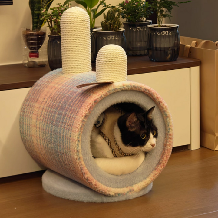 Zeitgenössisches kreatives rundes Spanplatten-Samtstoff-Papierseil-Papierrohr-Katzenbett für Schlafzimmer 