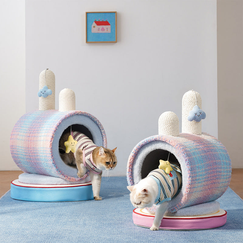 Zeitgenössisches kreatives rundes Spanplatten-Samtstoff-Papierseil-Papierrohr-Katzenbett für Schlafzimmer 