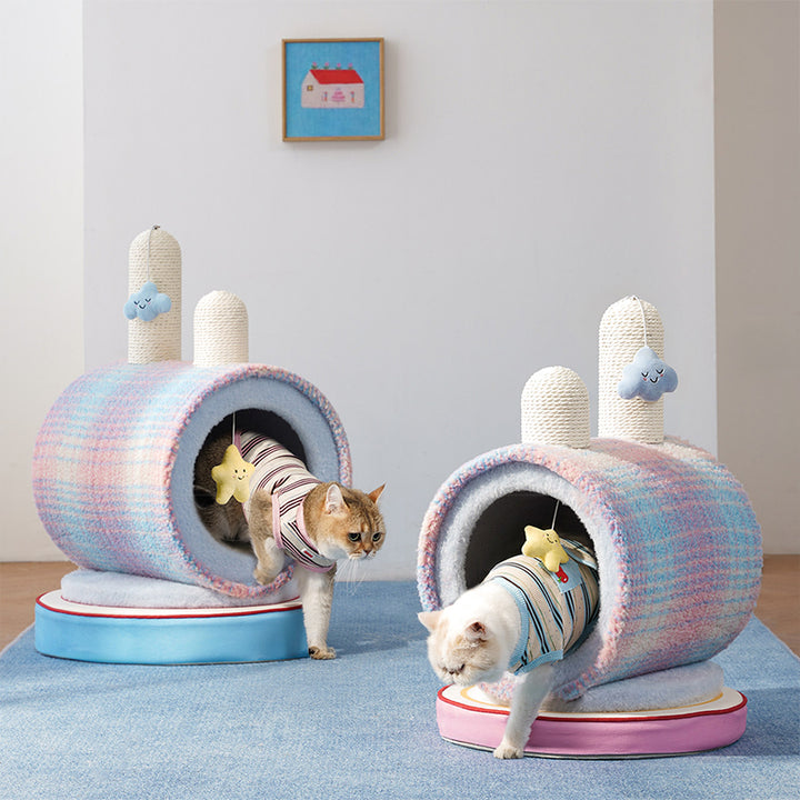 Zeitgenössisches kreatives rundes Spanplatten-Samtstoff-Papierseil-Papierrohr-Katzenbett für Schlafzimmer 