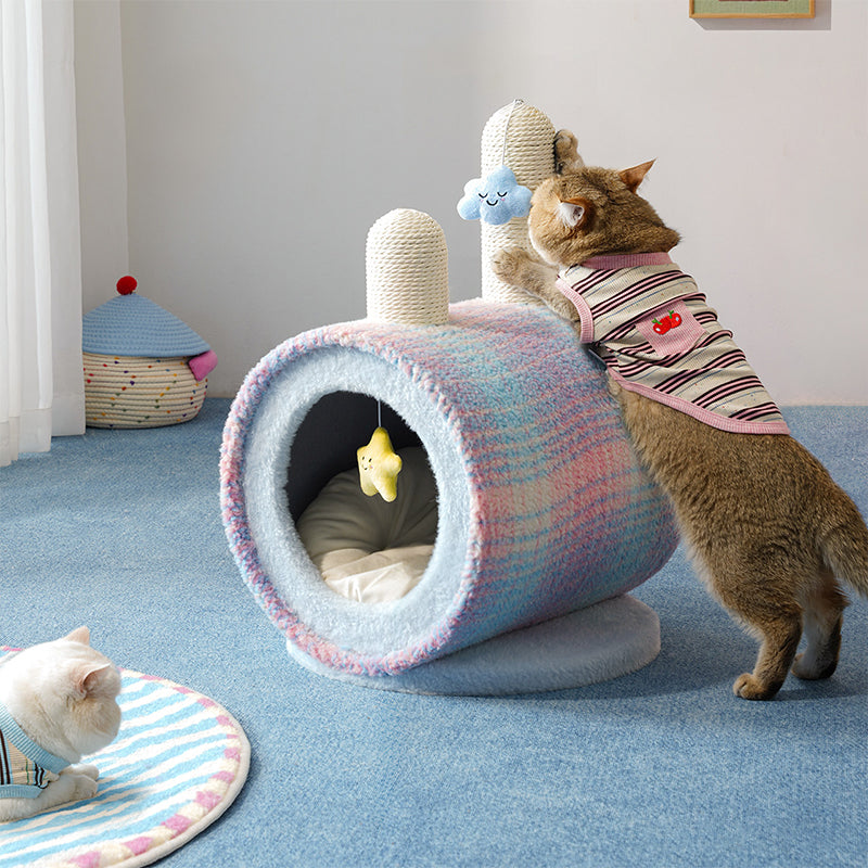 Zeitgenössisches kreatives rundes Spanplatten-Samtstoff-Papierseil-Papierrohr-Katzenbett für Schlafzimmer 