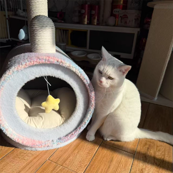 Zeitgenössisches kreatives rundes Spanplatten-Samtstoff-Papierseil-Papierrohr-Katzenbett für Schlafzimmer 