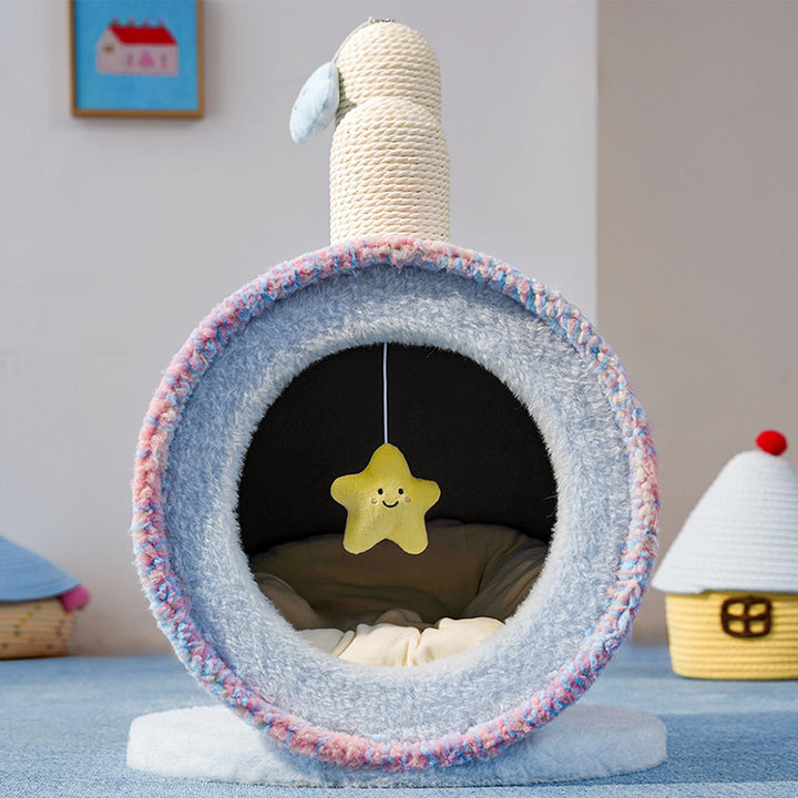 Zeitgenössisches kreatives rundes Spanplatten-Samtstoff-Papierseil-Papierrohr-Katzenbett für Schlafzimmer 