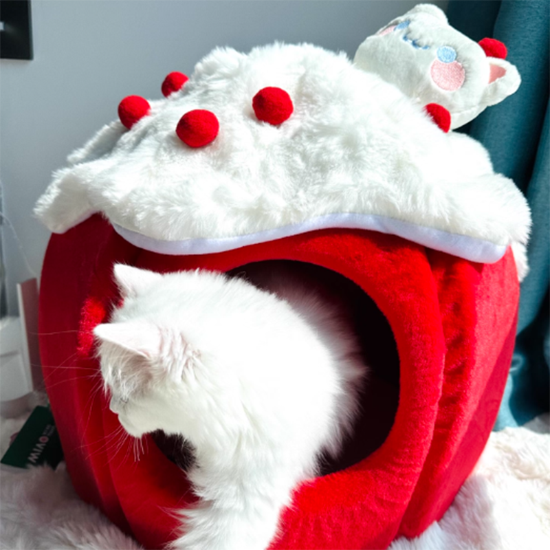 Cama para gatos contemporánea y creativa de tela de terciopelo redondo con esponja semi-cerrada para dormitorio 