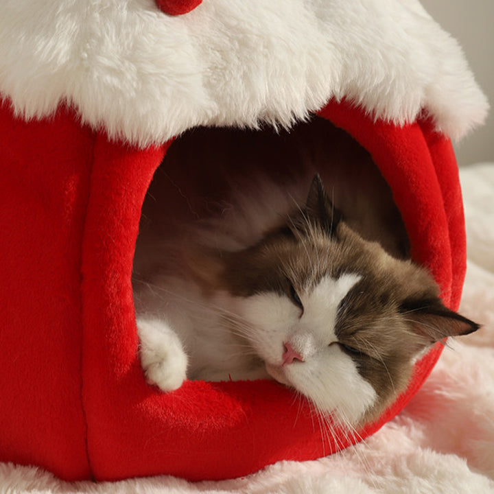 Cama para gatos contemporánea y creativa de tela de terciopelo redondo con esponja semi-cerrada para dormitorio 