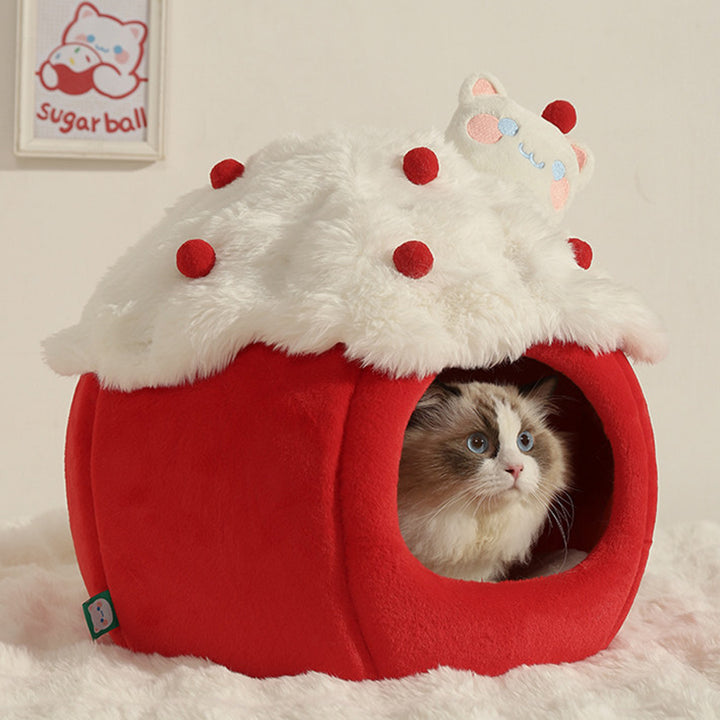 Cama para gatos contemporánea y creativa de tela de terciopelo redondo con esponja semi-cerrada para dormitorio 