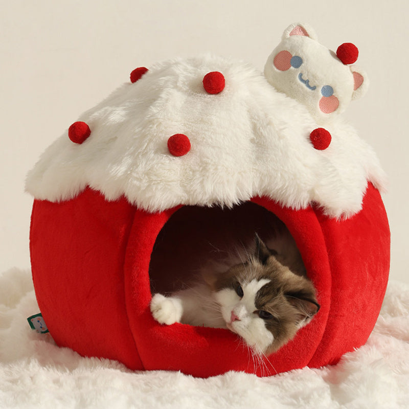 Cama para gatos contemporánea y creativa de tela de terciopelo redondo con esponja semi-cerrada para dormitorio 