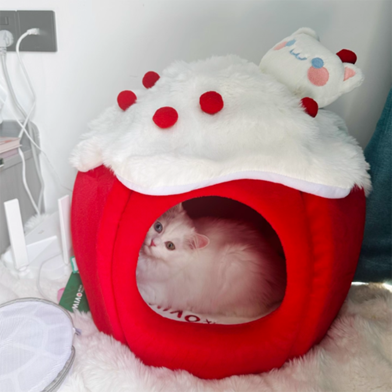 Cama para gatos contemporánea y creativa de tela de terciopelo redondo con esponja semi-cerrada para dormitorio 