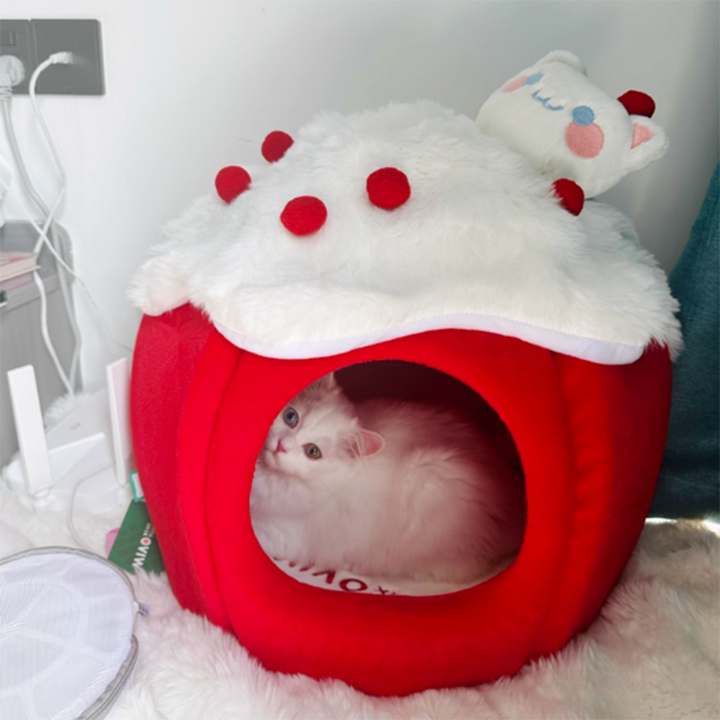 Cama para gatos contemporánea y creativa de tela de terciopelo redondo con esponja semi-cerrada para dormitorio 
