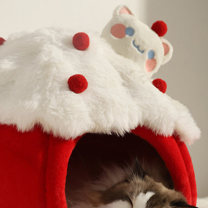 Cama para gatos contemporánea y creativa de tela de terciopelo redondo con esponja semi-cerrada para dormitorio 