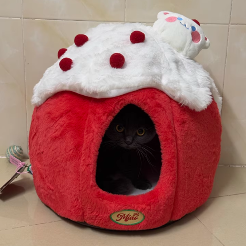 Cama para gatos contemporánea y creativa de tela de terciopelo redondo con esponja semi-cerrada para dormitorio 
