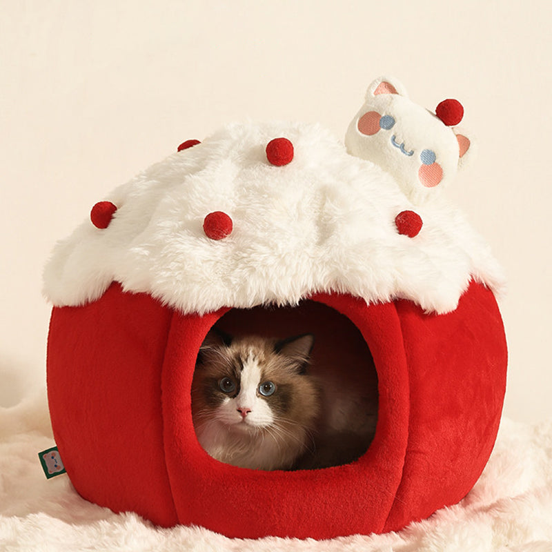Cama para gatos contemporánea y creativa de tela de terciopelo redondo con esponja semi-cerrada para dormitorio 