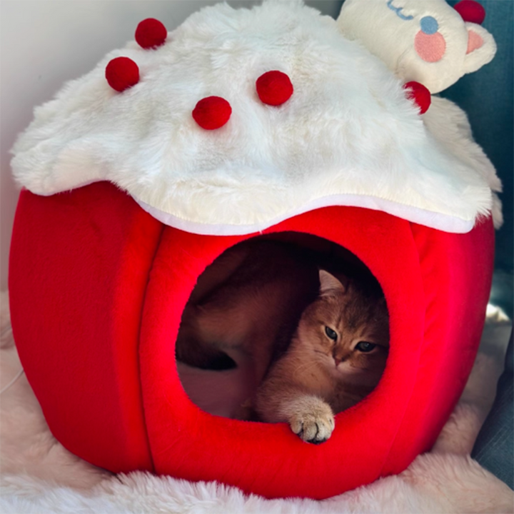 Cama para gatos contemporánea y creativa de tela de terciopelo redondo con esponja semi-cerrada para dormitorio 