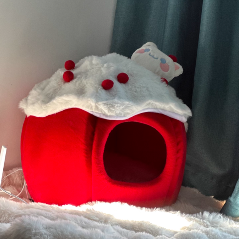 Cama para gatos contemporánea y creativa de tela de terciopelo redondo con esponja semi-cerrada para dormitorio 