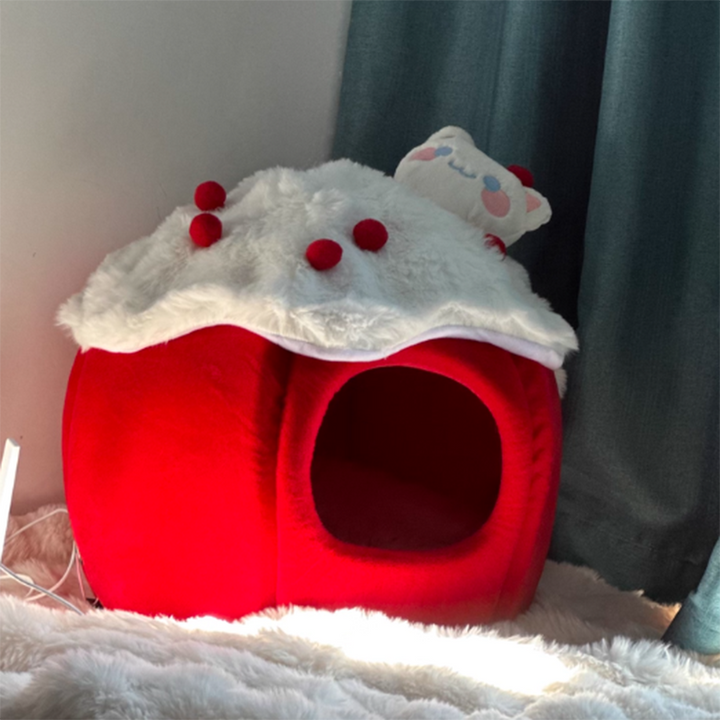 Cama para gatos contemporánea y creativa de tela de terciopelo redondo con esponja semi-cerrada para dormitorio 