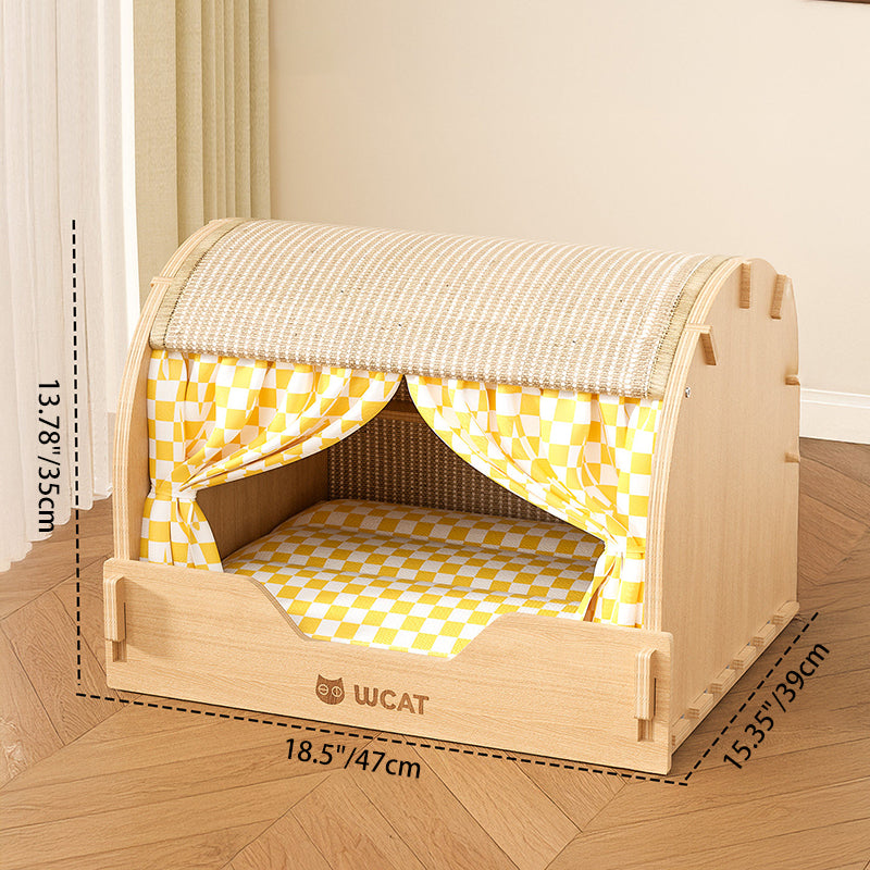 Griffoir pour chat contemporain rectangulaire à plusieurs couches en panneau de bois massif, tissu velours, tissu Oxford et sisal, avec lit pour chat pour chambre à coucher 