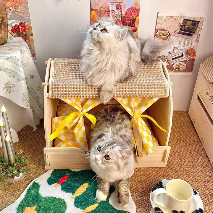 Griffoir pour chat contemporain rectangulaire à plusieurs couches en panneau de bois massif, tissu velours, tissu Oxford et sisal, avec lit pour chat pour chambre à coucher 
