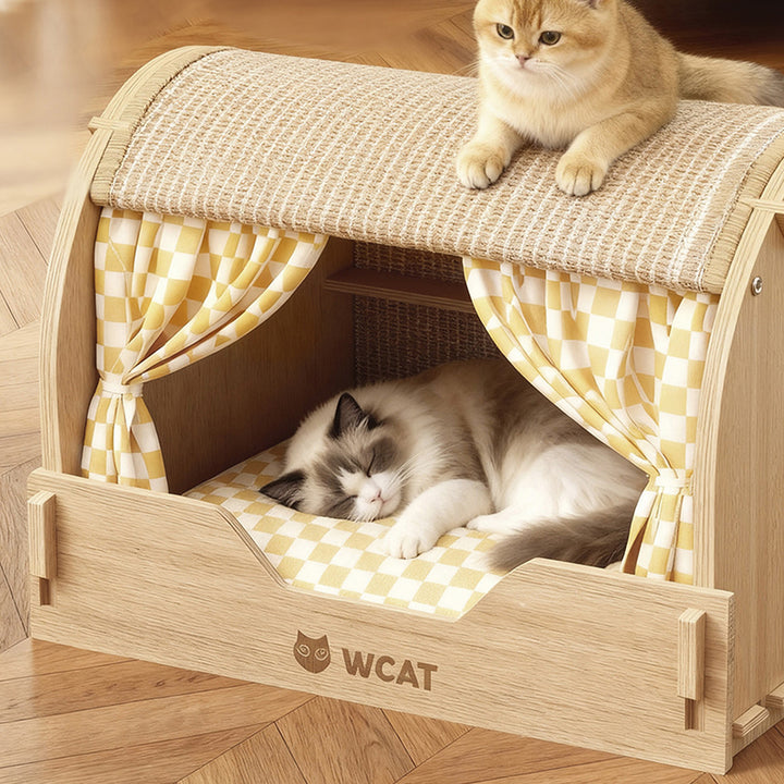 Griffoir pour chat contemporain rectangulaire à plusieurs couches en panneau de bois massif, tissu velours, tissu Oxford et sisal, avec lit pour chat pour chambre à coucher 