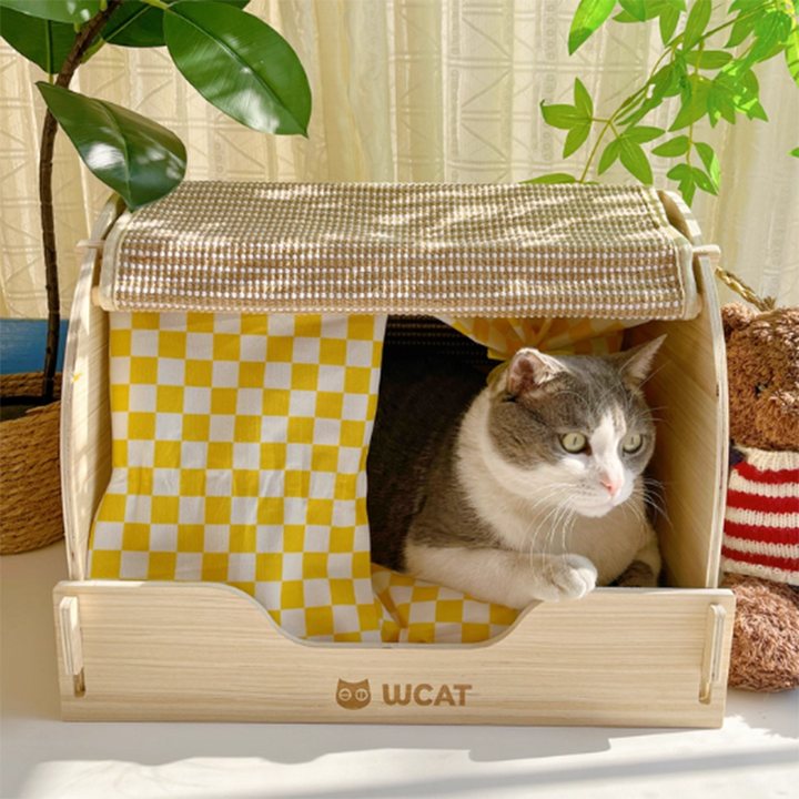 Griffoir pour chat contemporain rectangulaire à plusieurs couches en panneau de bois massif, tissu velours, tissu Oxford et sisal, avec lit pour chat pour chambre à coucher 