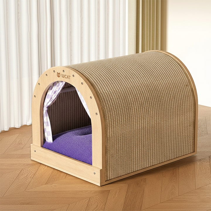Griffoir pour chat contemporain rectangulaire à plusieurs couches en panneau de bois massif, tissu velours, tissu Oxford et sisal, avec lit pour chat pour chambre à coucher 
