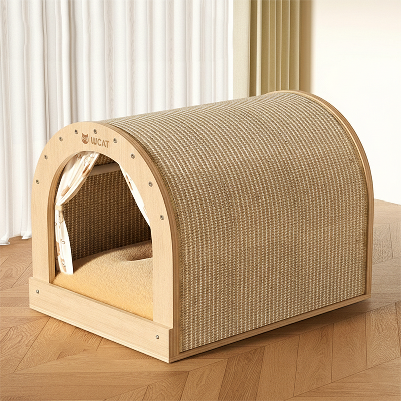 Griffoir pour chat contemporain rectangulaire à plusieurs couches en panneau de bois massif, tissu velours, tissu Oxford et sisal, avec lit pour chat pour chambre à coucher 