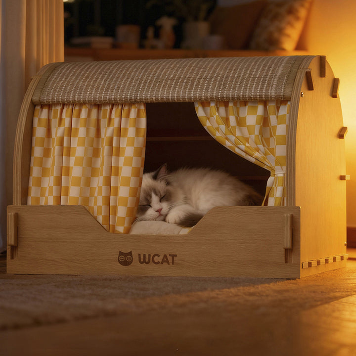 Griffoir pour chat contemporain rectangulaire à plusieurs couches en panneau de bois massif, tissu velours, tissu Oxford et sisal, avec lit pour chat pour chambre à coucher 