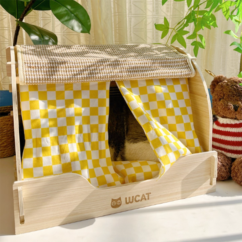 Griffoir pour chat contemporain rectangulaire à plusieurs couches en panneau de bois massif, tissu velours, tissu Oxford et sisal, avec lit pour chat pour chambre à coucher 