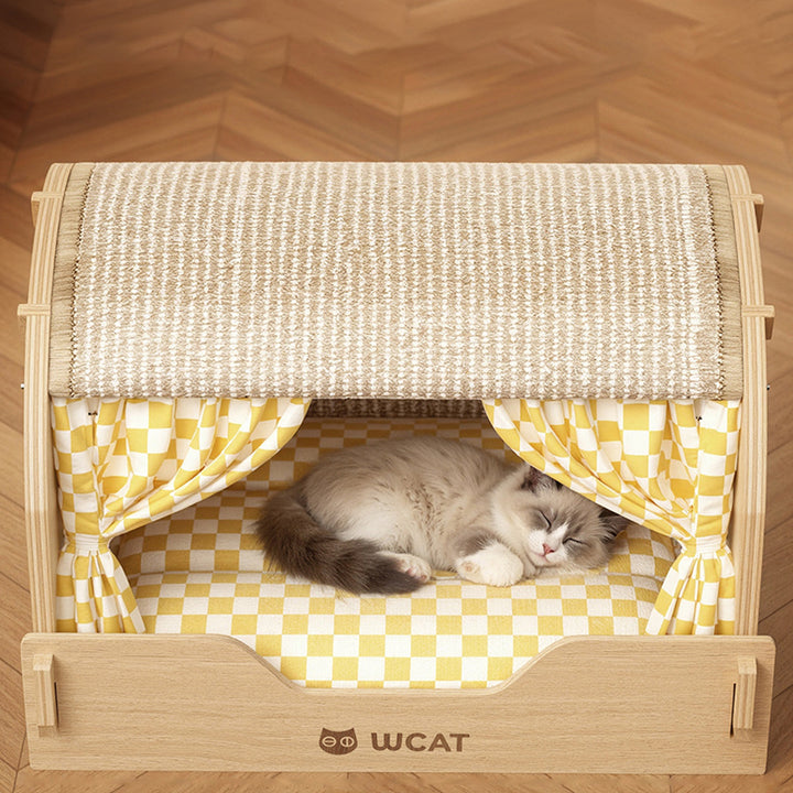 Griffoir pour chat contemporain rectangulaire à plusieurs couches en panneau de bois massif, tissu velours, tissu Oxford et sisal, avec lit pour chat pour chambre à coucher 