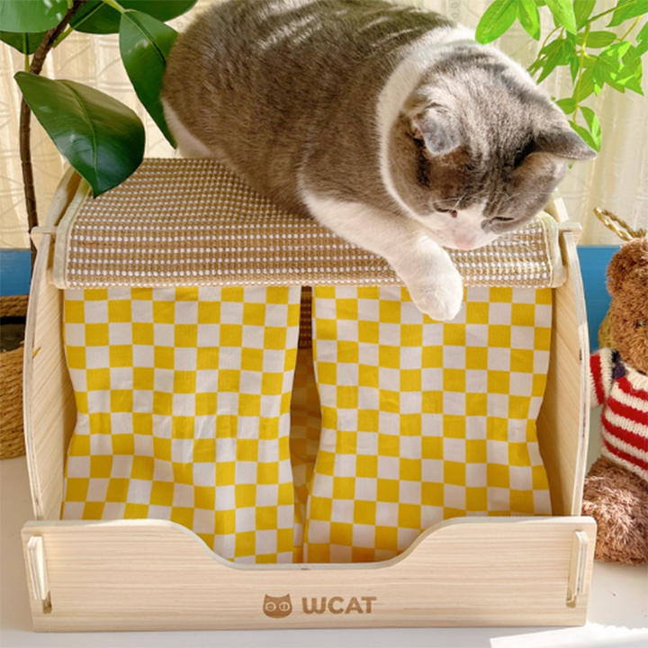 Griffoir pour chat contemporain rectangulaire à plusieurs couches en panneau de bois massif, tissu velours, tissu Oxford et sisal, avec lit pour chat pour chambre à coucher 