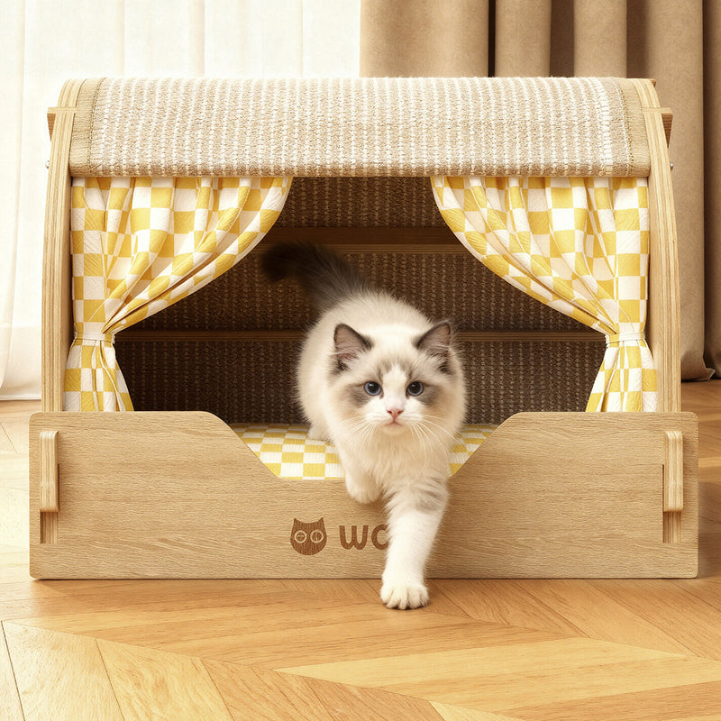Griffoir pour chat contemporain rectangulaire à plusieurs couches en panneau de bois massif, tissu velours, tissu Oxford et sisal, avec lit pour chat pour chambre à coucher 
