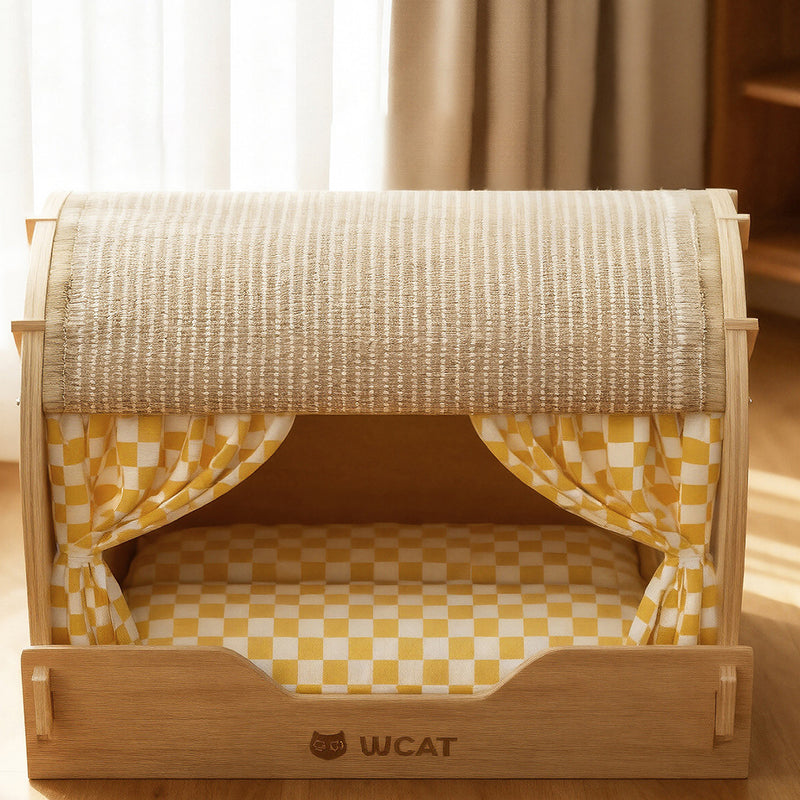 Griffoir pour chat contemporain rectangulaire à plusieurs couches en panneau de bois massif, tissu velours, tissu Oxford et sisal, avec lit pour chat pour chambre à coucher 