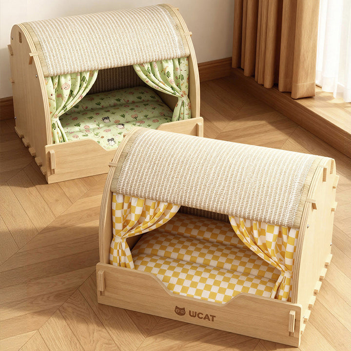 Griffoir pour chat contemporain rectangulaire à plusieurs couches en panneau de bois massif, tissu velours, tissu Oxford et sisal, avec lit pour chat pour chambre à coucher 