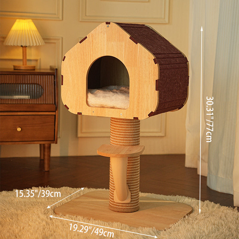 Contemporary Scandinavian Square Medium-Density Fiberboard Sisal Mat Felt Treehouse-Style Cat Tree 2-Tier For Living Room