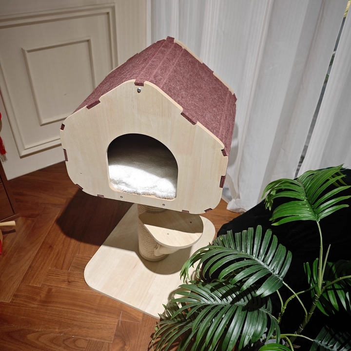 Contemporary Scandinavian Square Medium-Density Fiberboard Sisal Mat Felt Treehouse-Style Cat Tree 2-Tier For Living Room
