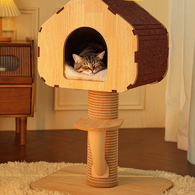 Contemporary Scandinavian Square Medium-Density Fiberboard Sisal Mat Felt Treehouse-Style Cat Tree 2-Tier For Living Room