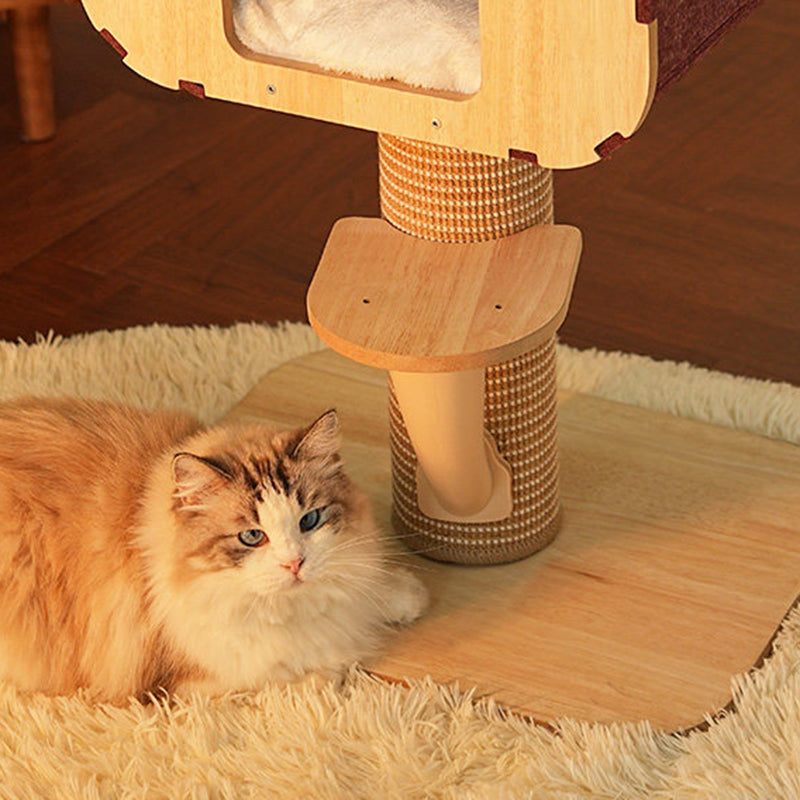 Contemporary Scandinavian Square Medium-Density Fiberboard Sisal Mat Felt Treehouse-Style Cat Tree 2-Tier For Living Room