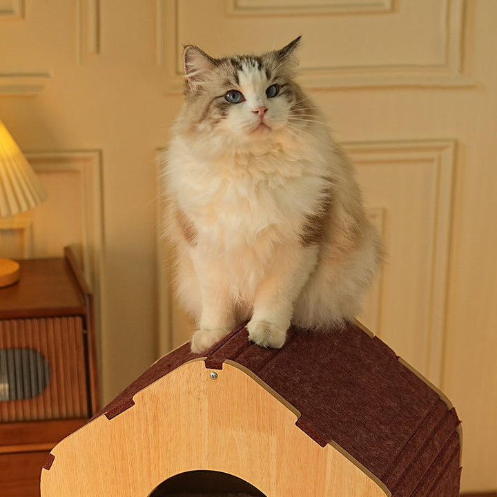 Contemporary Scandinavian Square Medium-Density Fiberboard Sisal Mat Felt Treehouse-Style Cat Tree 2-Tier For Living Room