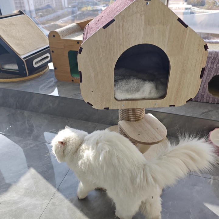 Contemporary Scandinavian Square Medium-Density Fiberboard Sisal Mat Felt Treehouse-Style Cat Tree 2-Tier For Living Room