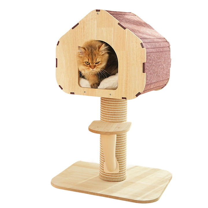 Contemporary Scandinavian Square Medium-Density Fiberboard Sisal Mat Felt Treehouse-Style Cat Tree 2-Tier For Living Room
