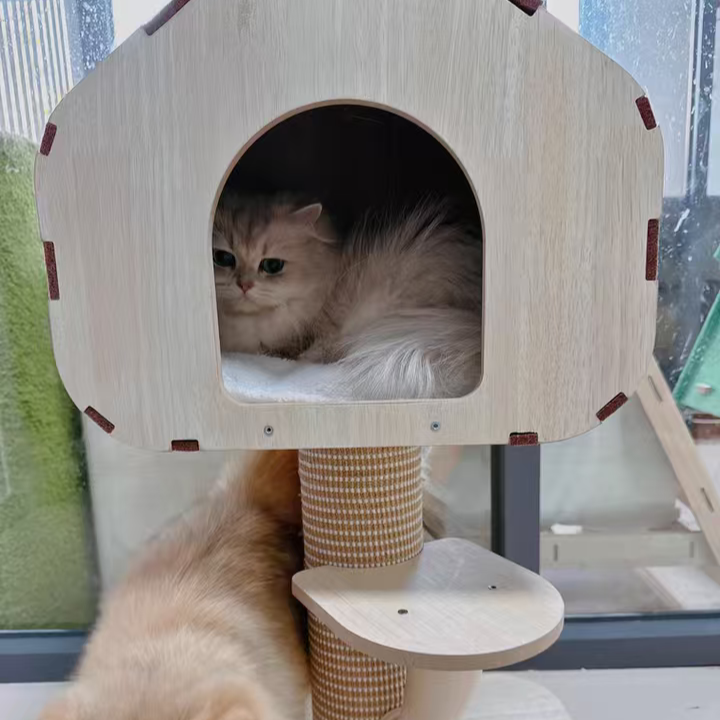 Contemporary Scandinavian Square Medium-Density Fiberboard Sisal Mat Felt Treehouse-Style Cat Tree 2-Tier For Living Room